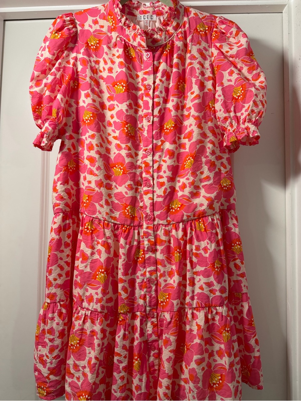TCEC Pink Floral Tiered Mini Dress with Puff Sleeves